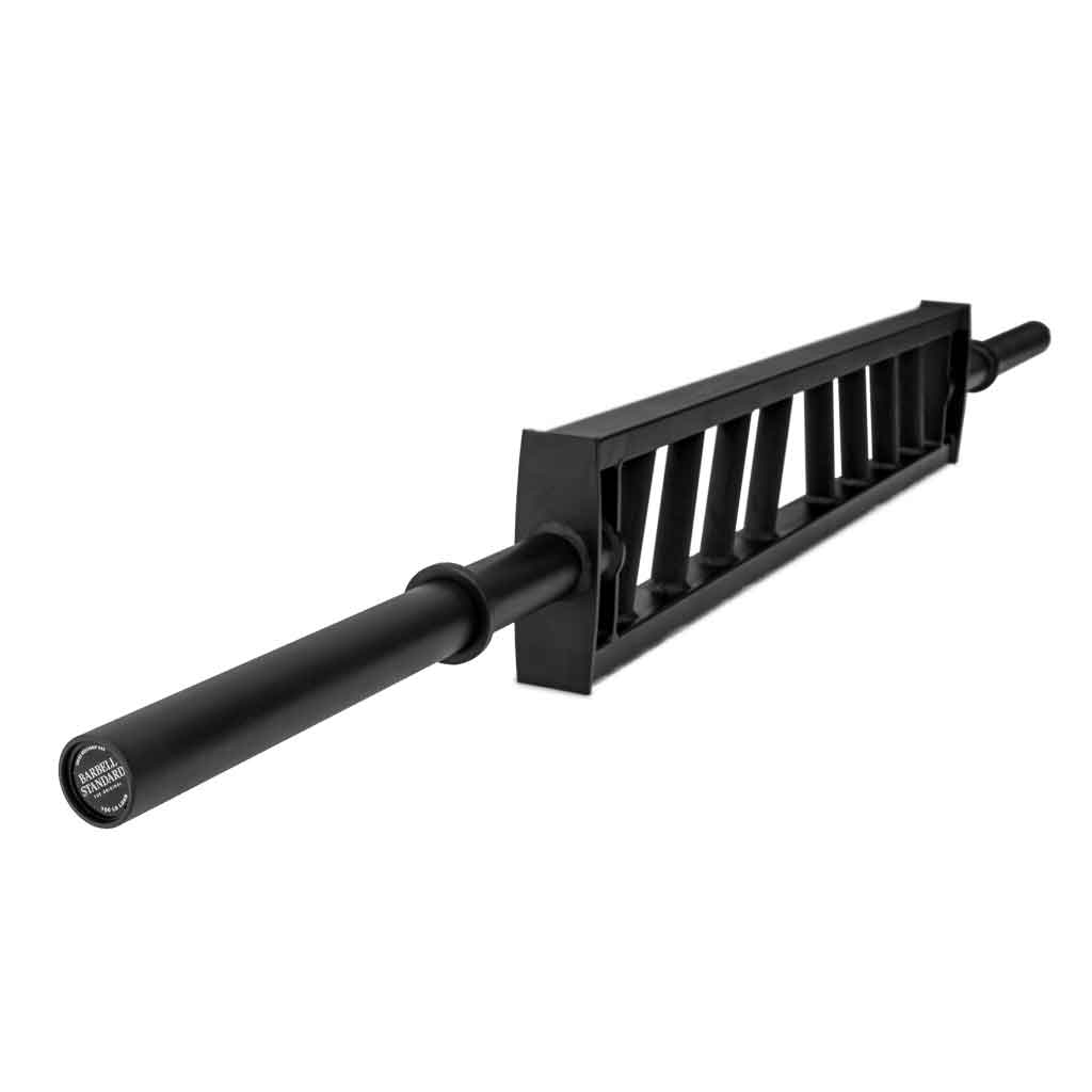 A black multigrip angled Swiss Barbell with visible knurled grip areas and a metallic end sleeve.