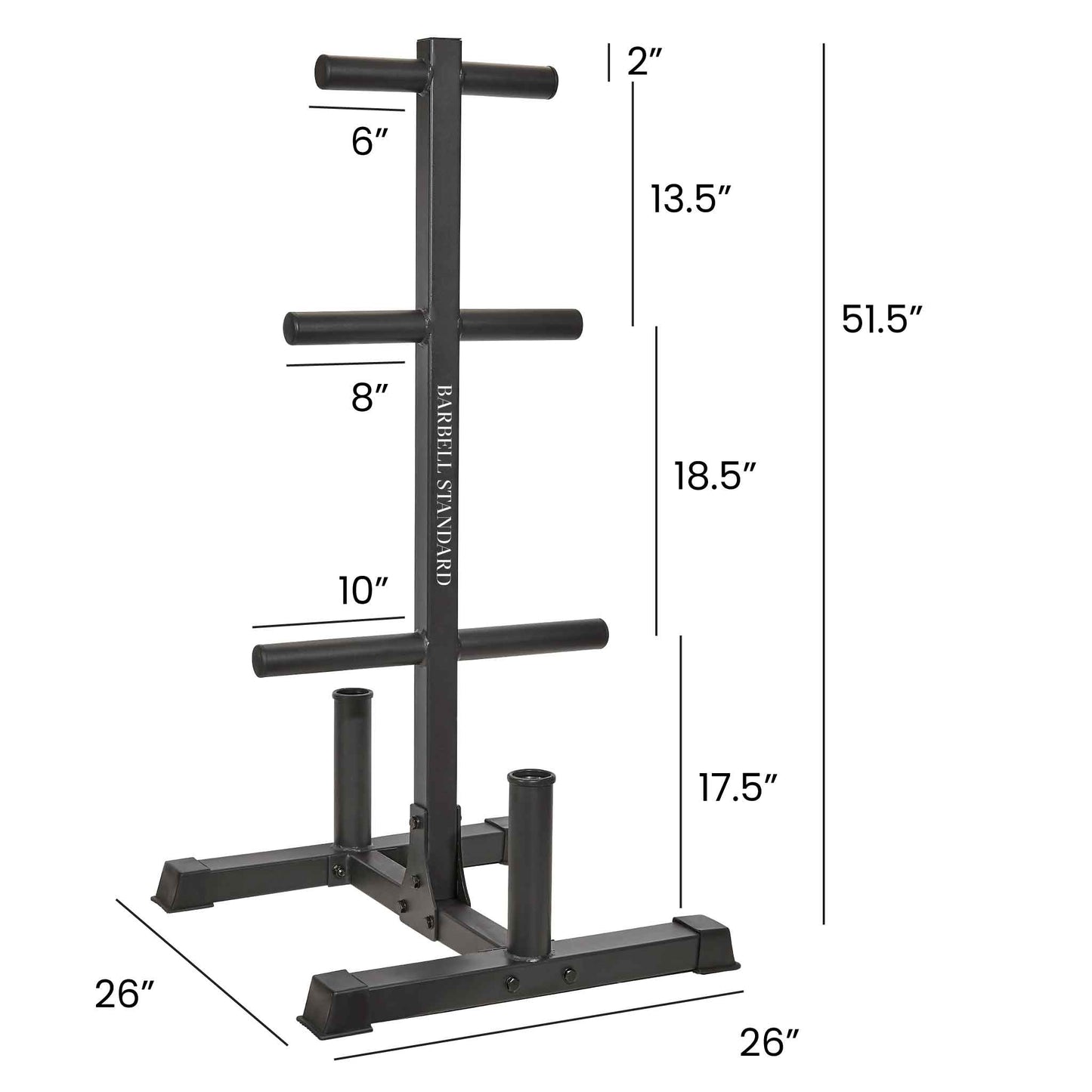 51.5" weight tree with 6 plate pegs + 2 barbell holders. Compact 26"x26" footprint, heavy-duty steel build