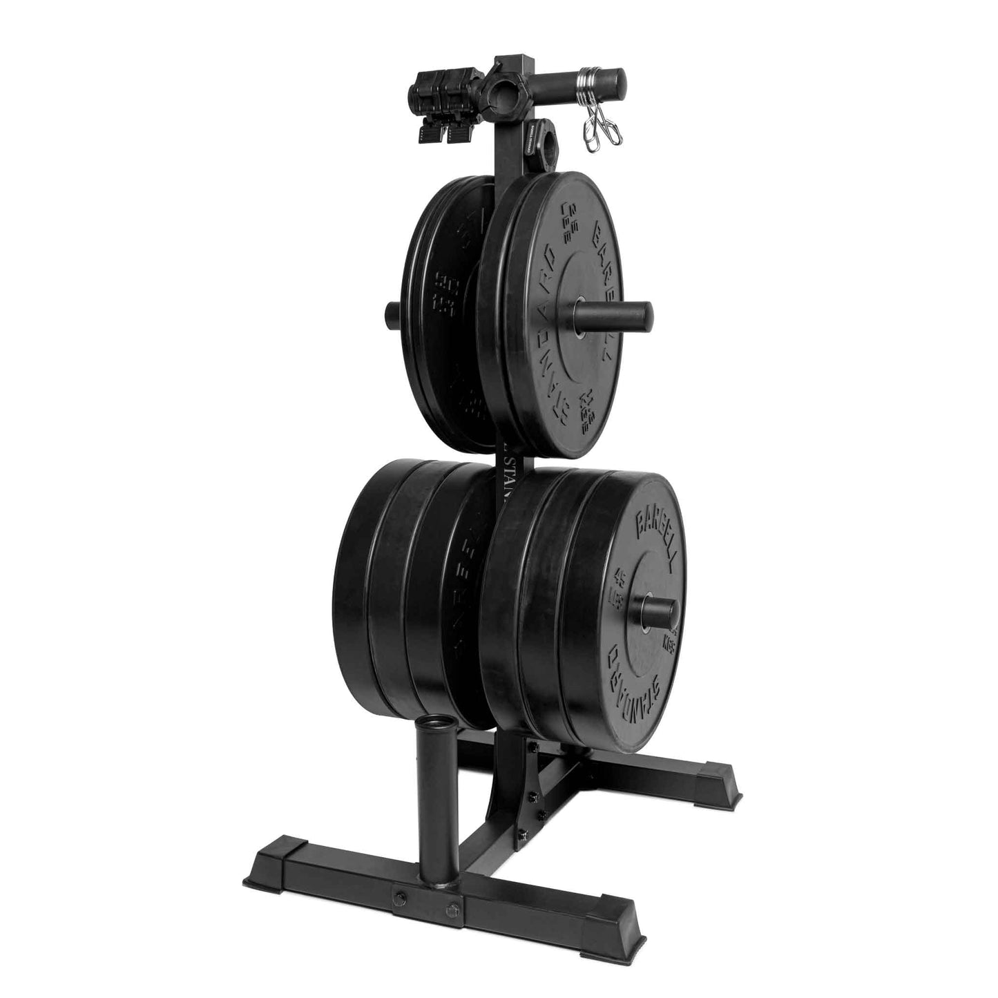 Black vertical weight tree rack holding multiple Barbell Standard bumper plates