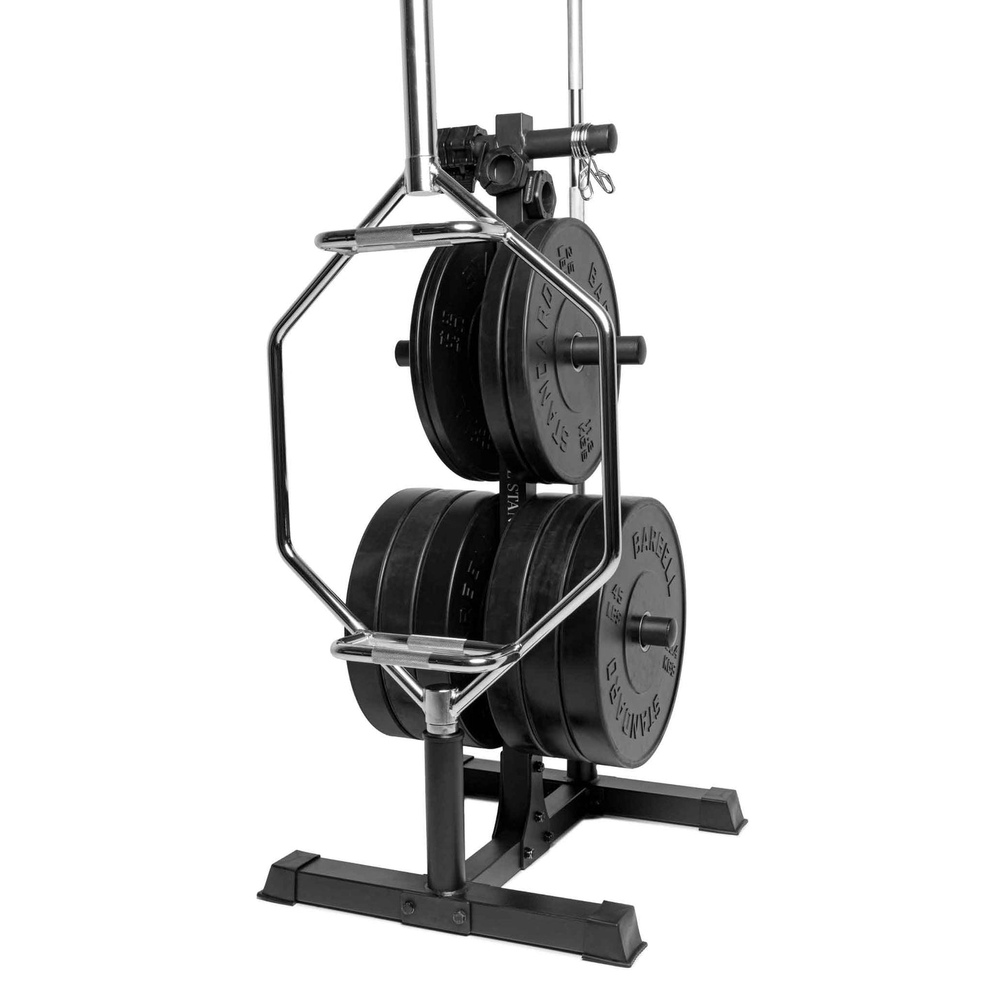Chrome hex trap bar and black weight plates stored neatly on a vertical weight tree rack