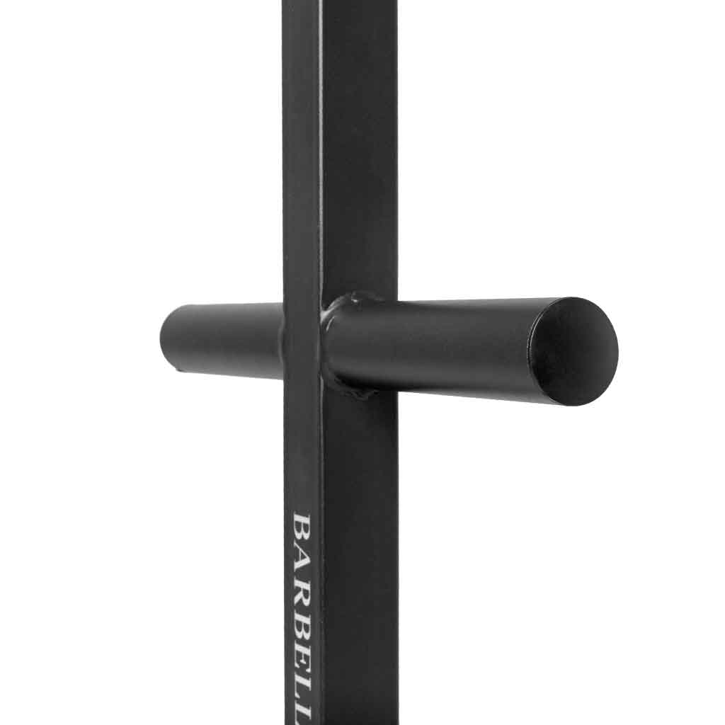 Close-up of welded steel weight horns on Barbell Standard weight tree for secure plate storage