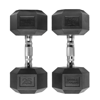 Barbell Standard Rubber Hex Dumbbells, 25 lb Pair, black rubber with chrome handles