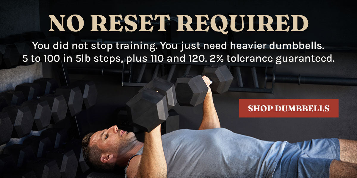 A man lying on a gym bench lifting heavy dumbbells, with large promotional text at the top reading 'NO RESET REQUIRED' and a red 'SHOP DUMBBELLS' button. The scene is a gym interior with multiple dumbbells in the background.
