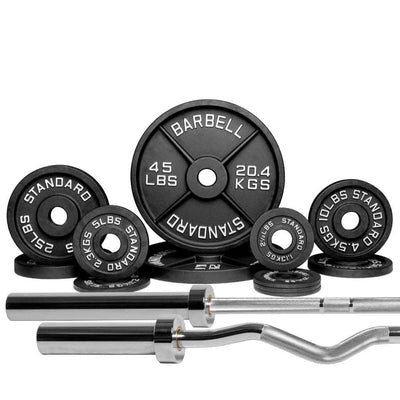 Barbell Standard 1000 set with 180 lb Olympic weight plates, straight and curl bar combo for versatile home gym training