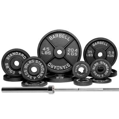 250 lb Olympic barbell weight set with black iron plates, including 45 lb, 35 lb, 25 lb, 10 lb, 5 lb, and 2.5 lb plates