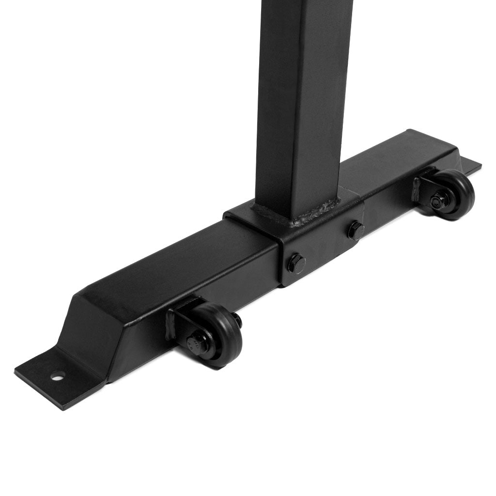 Adjustable weight bench rear stabilizer foot with transport wheels for easy movement and storage