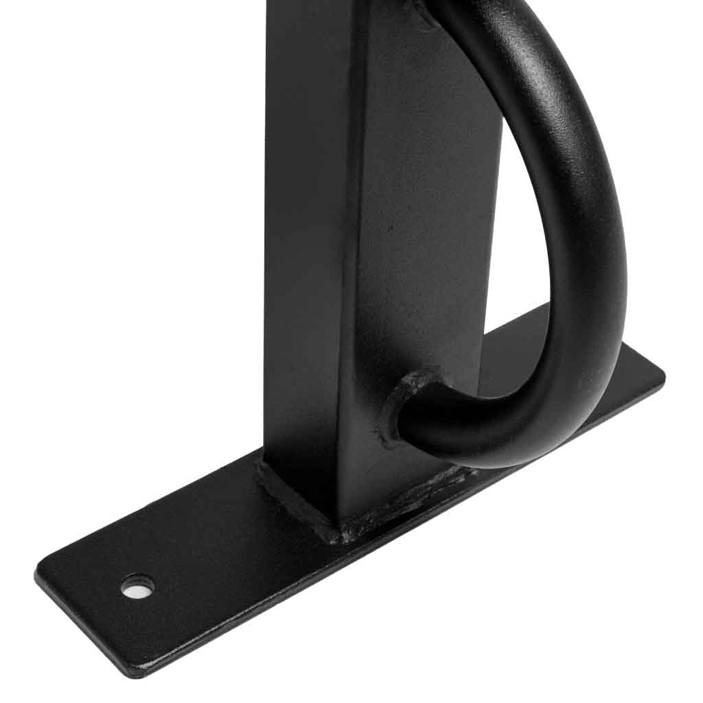 Close-up of Barbell Standard competition flat bench front foot with welded steel frame and built-in handle for easy movement