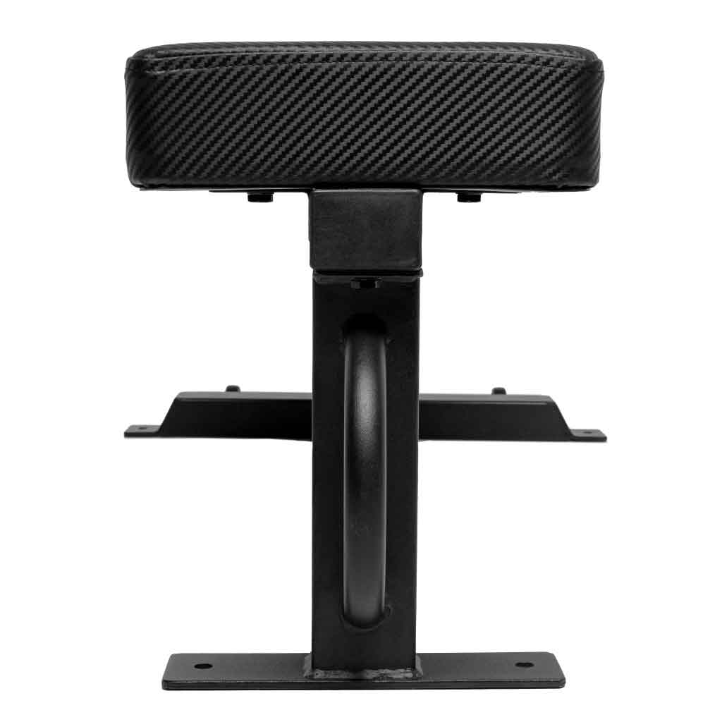 Front view of Barbell Standard flat weight bench showing carbon fiber padded seat and sturdy steel frame with handle