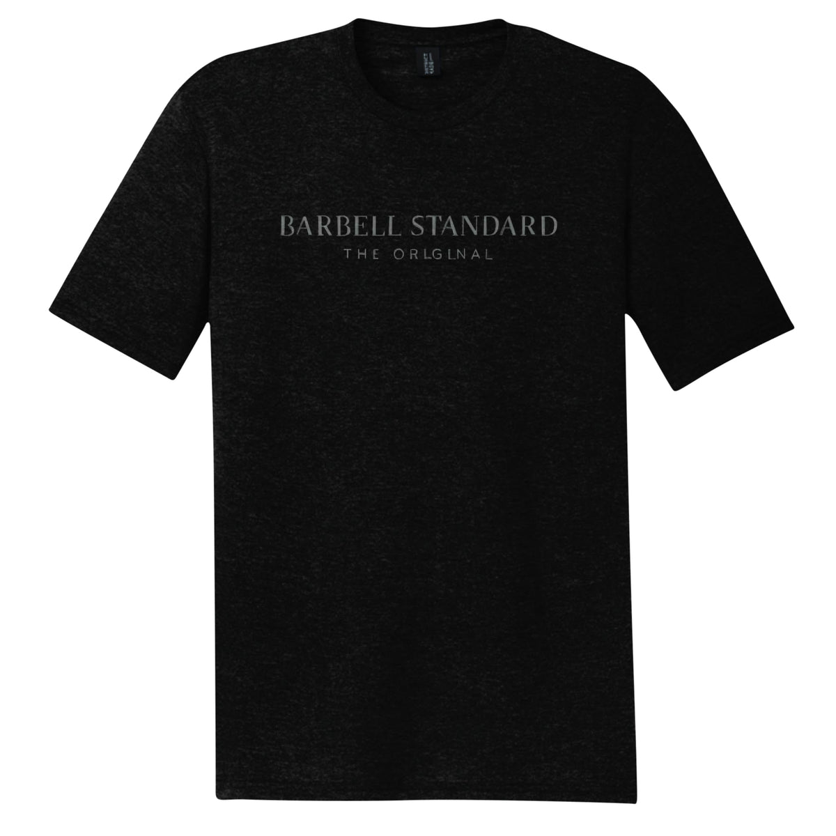 Barbell Standard Performance Tee, black shirt with Barbell Standard and The Original printed on front.