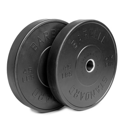 Barbell Standard 45 lb bumper plates, black rubber with raised lettering.