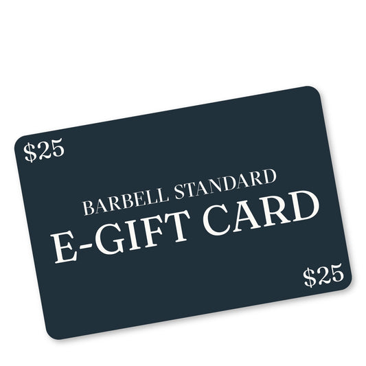 A $25 Barbell Standard E-Gift Card shown at an angle on a white background.