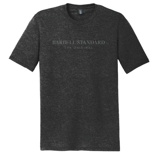 Barbell Standard Performance Tee, dark heather gray shirt with Barbell Standard and The Original printed on front.