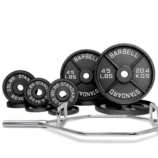 Barbell Standard hex trap bar set with 270lb cast iron Olympic plates for deadlifts, squats, and strength training
