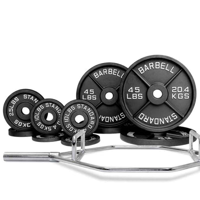 Barbell Standard hex trap bar set with 270lb cast iron Olympic plates for deadlifts, squats, and strength training