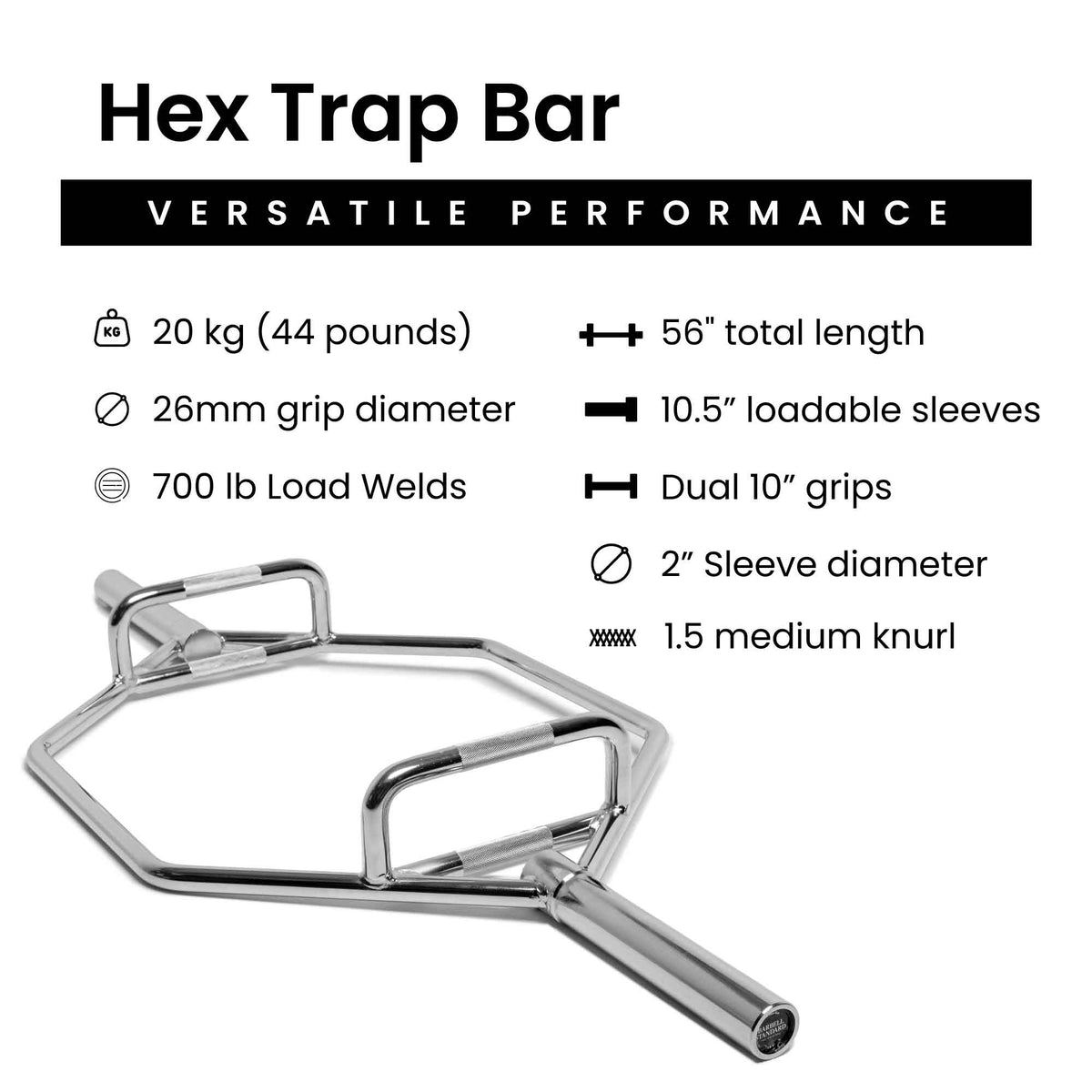 20 kg (44 lb) Hex Trap Bar, 26mm grip diameter, 700 lb load welds, 56" total length, 10.5" loadable sleeves, dual 10" grips, 2" sleeve diameter, 1.5 medium knurl