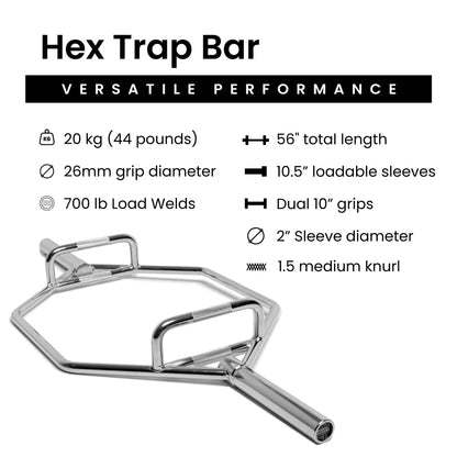 20 kg (44 lb) Hex Trap Bar, 26mm grip diameter, 700 lb load welds, 56" total length, 10.5" loadable sleeves, dual 10" grips, 2" sleeve diameter, 1.5 medium knurl