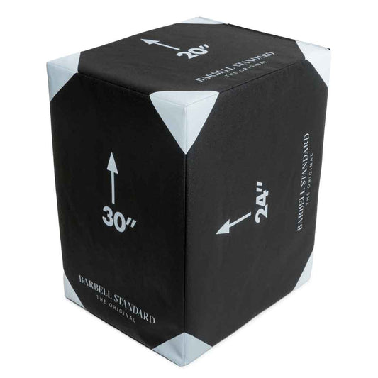 Barbell Standard 3-in-1 foam plyo jump box showing 20, 24, and 30-inch height options for versatile training