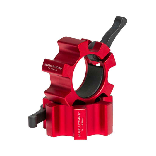 A red aluminum bar collar with a black rubberized interior lining, designed for use with a 2-inch Olympic barbell sleeve.