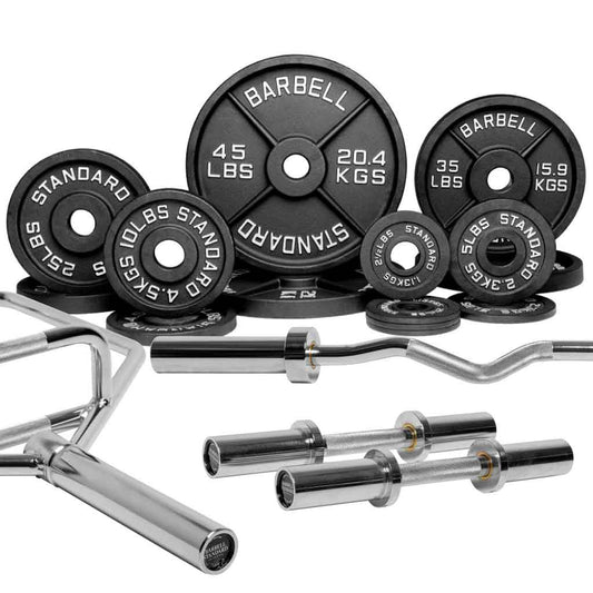 A variety of weight plates and bars for a barbell set, with the branding 'Barbell' visible on the plates.