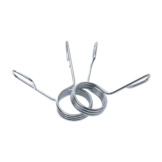 Durable steel spring collars for barbells, secure plates quickly, easy one-hand use. Sold as a pair