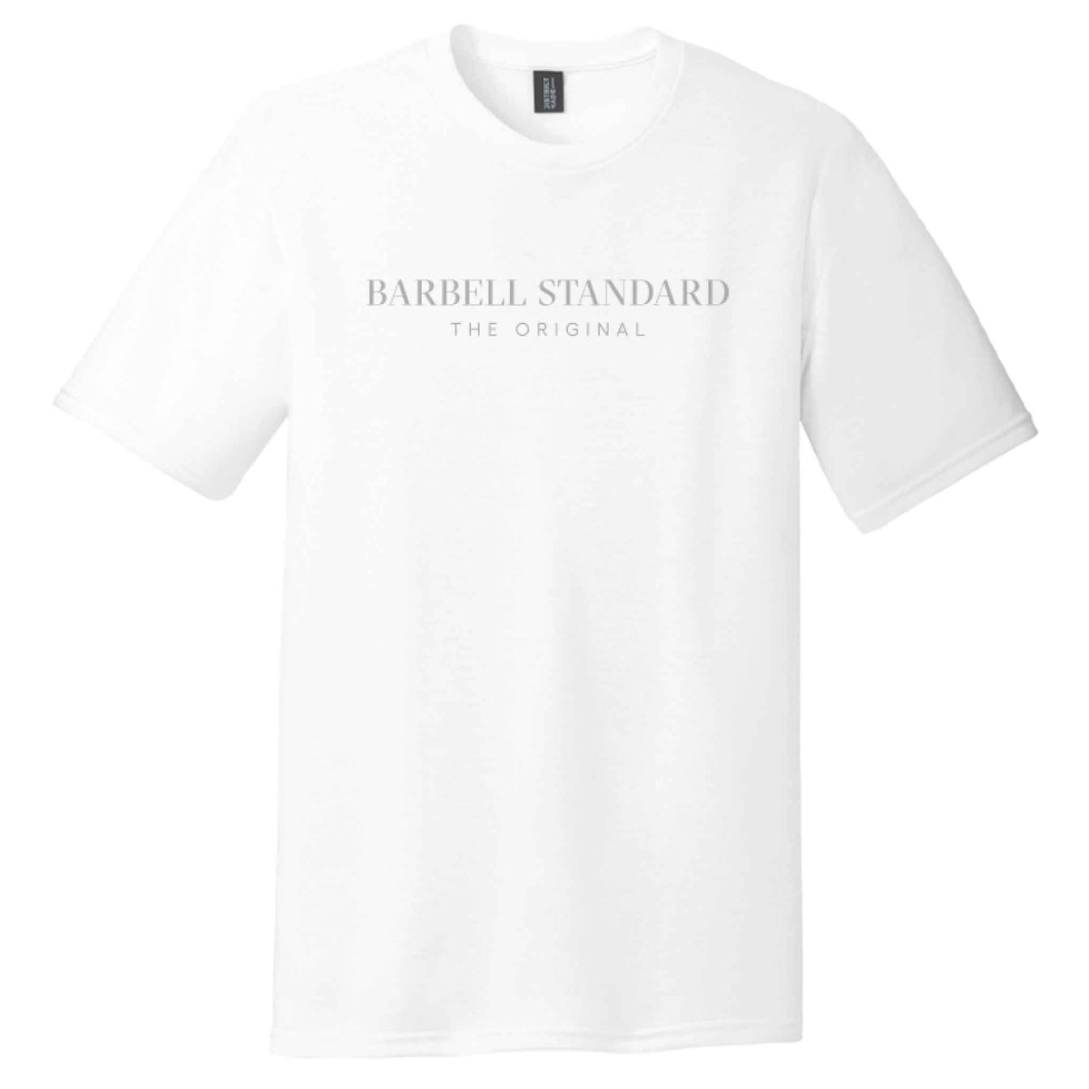 Barbell Standard Performance Tee, white shirt with Barbell Standard and The Original printed on front.