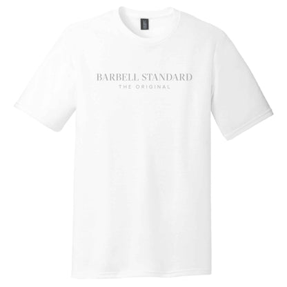 Barbell Standard Performance Tee, white shirt with Barbell Standard and The Original printed on front.